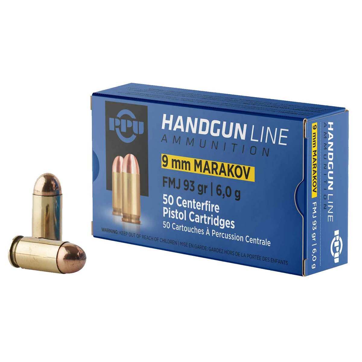 PPU Handgun 9x18mm Makarov 93gr FMJ Handgun Ammo - 50 Rounds